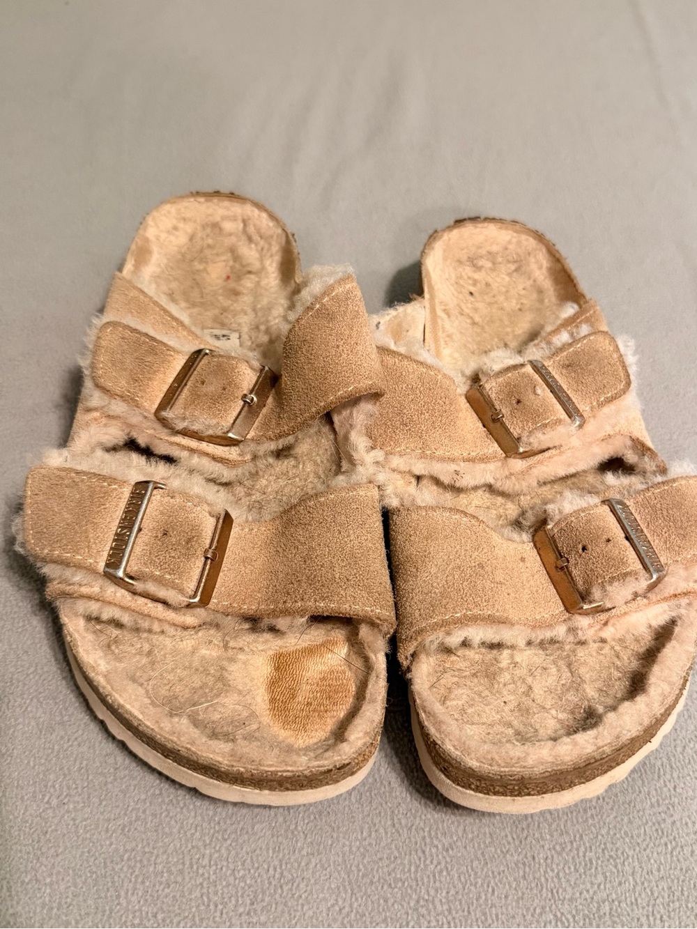 Birkenstock Arizona Beige Sherpa Lined 2 Buckle Sandals Womens Size 41